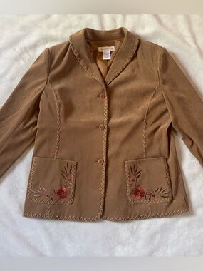 Susan Graver Embroidered Floral Faux Suede Jacket Western Boho Brown Large